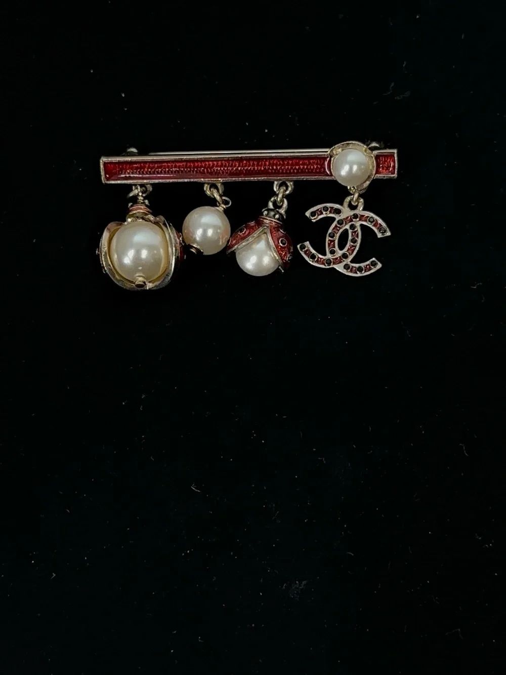 CHANEL Gold-Tone Pearl & Red Enamel Dangle Brooch